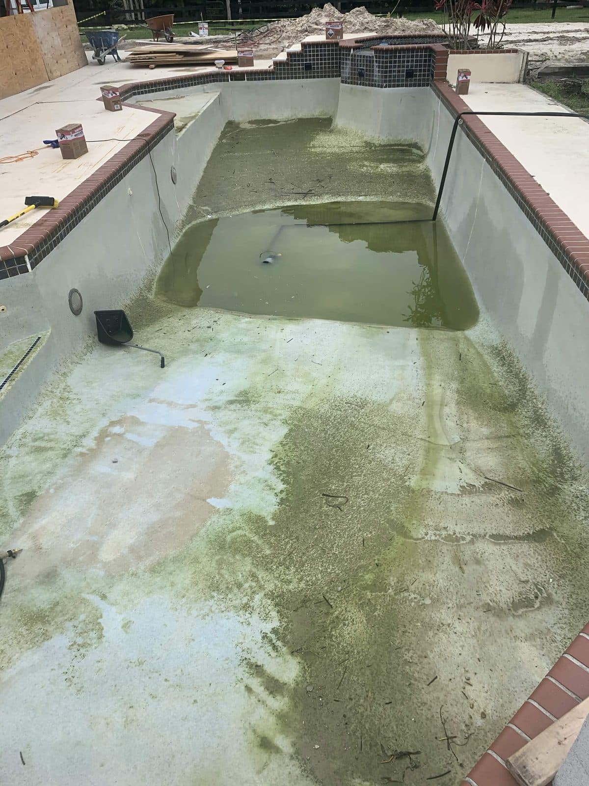 Drained swimming pool with heavy green algae across the floor and walls before an acid wash in Lake Worth FL