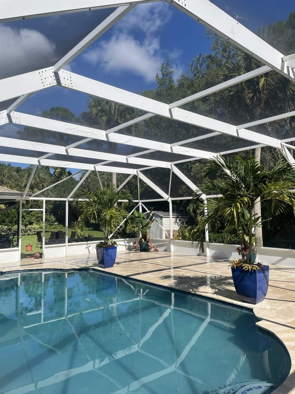 Bright white screen enclosure frame over a sparkling pool after a full wash in Royal Palm Beach FL